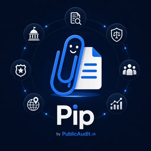 Pip, the PublicAudit.uk paperclip mascot, ringed by icons for government, councils, police, courts, data and maps